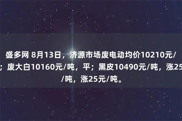 盛多网 8月13日，济源市场废电动均价10210元/吨，平；废大白10160元/吨，平；黑皮10490元/吨，涨25元/吨。
